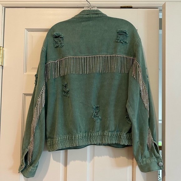 Distressed, rhinestone, fringe, jean jacket - Picture 2 of 4